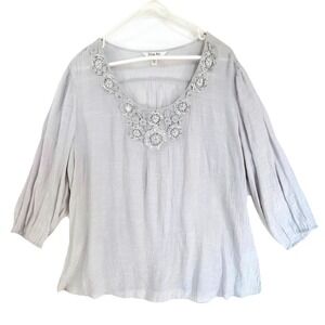 Crochet Beaded Gauzy Boho Tunic Lace Trim Krazy‎ Kat Top Womens XL Gray
